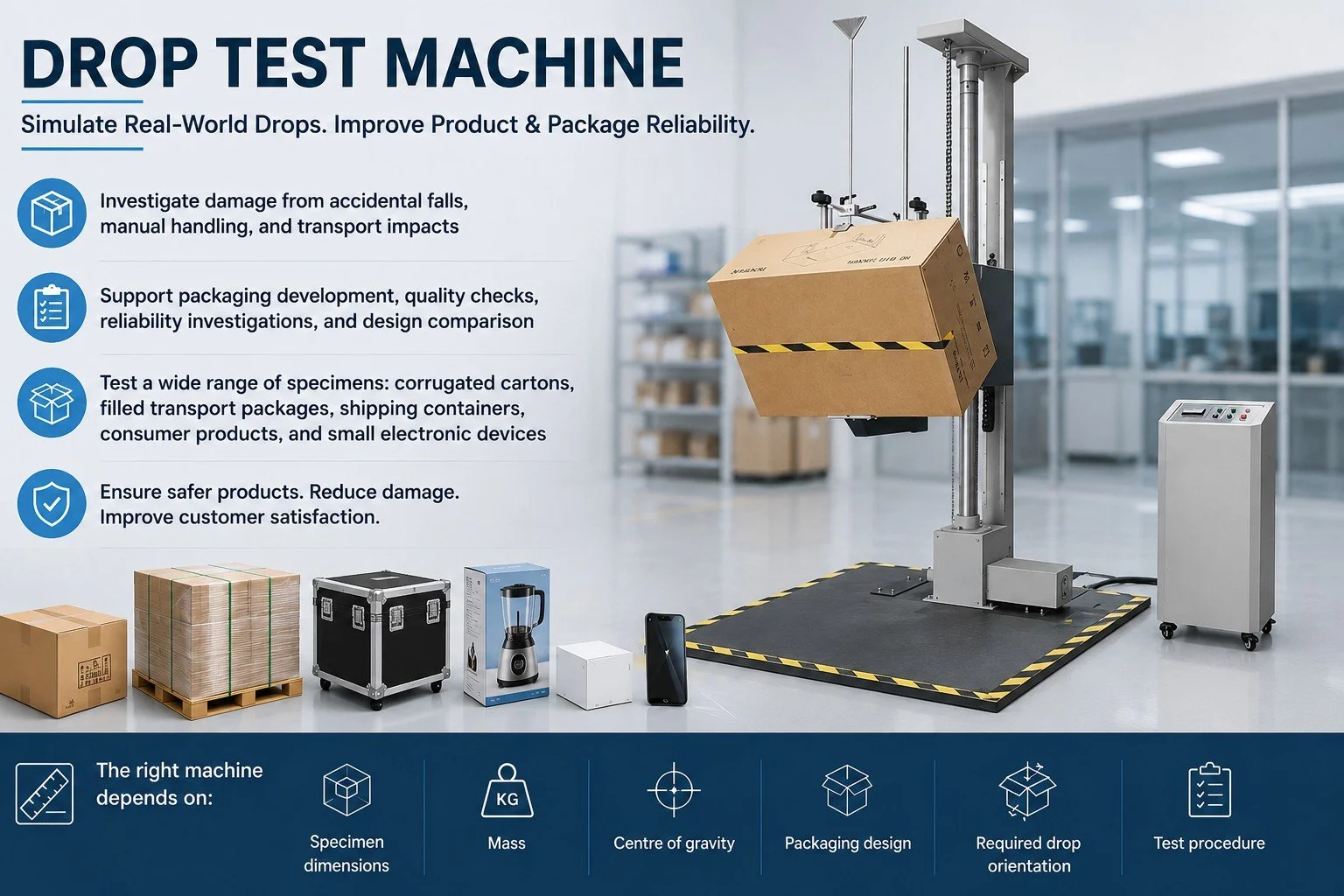 Drop test machine for packaging and product reliability testing with a corrugated carton sample in a laboratory.