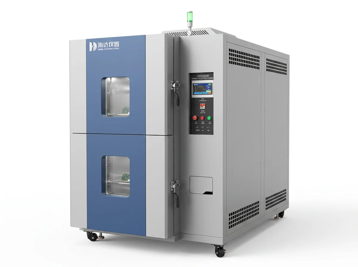 A environmental test chamber used for testing electronic components, with a digital display and control buttons on the front.