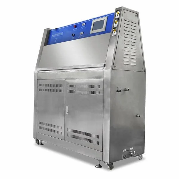 A large stainless steel UV test chamber with a digital display and control buttons, used for manufacturing or processing tasks.