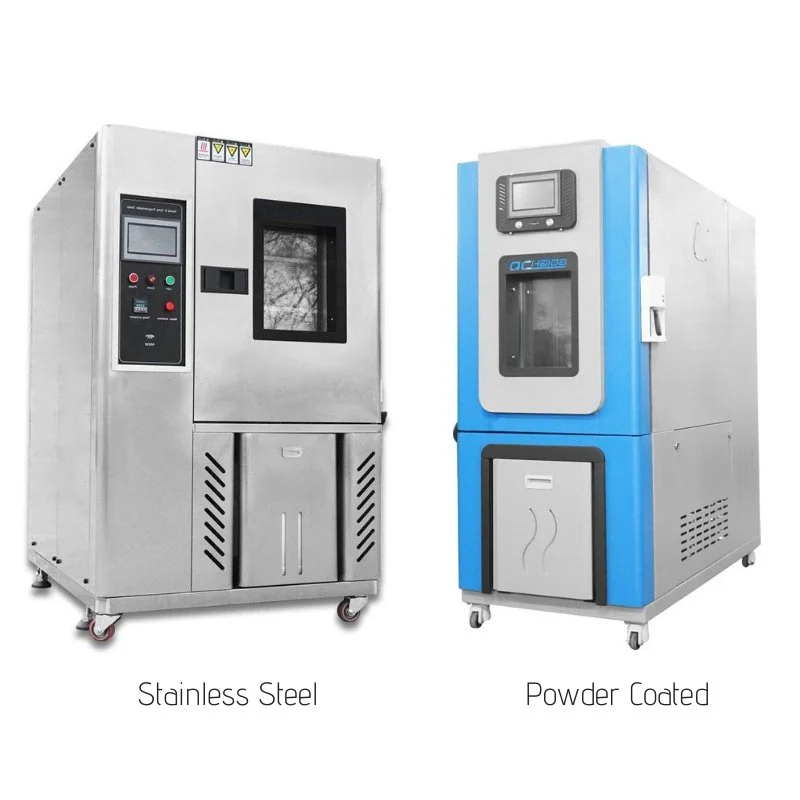 Comparison of two climate chambers: one labeled 'Stainless Steel' and the other 'Powder Coated' with digital controls and small windows.