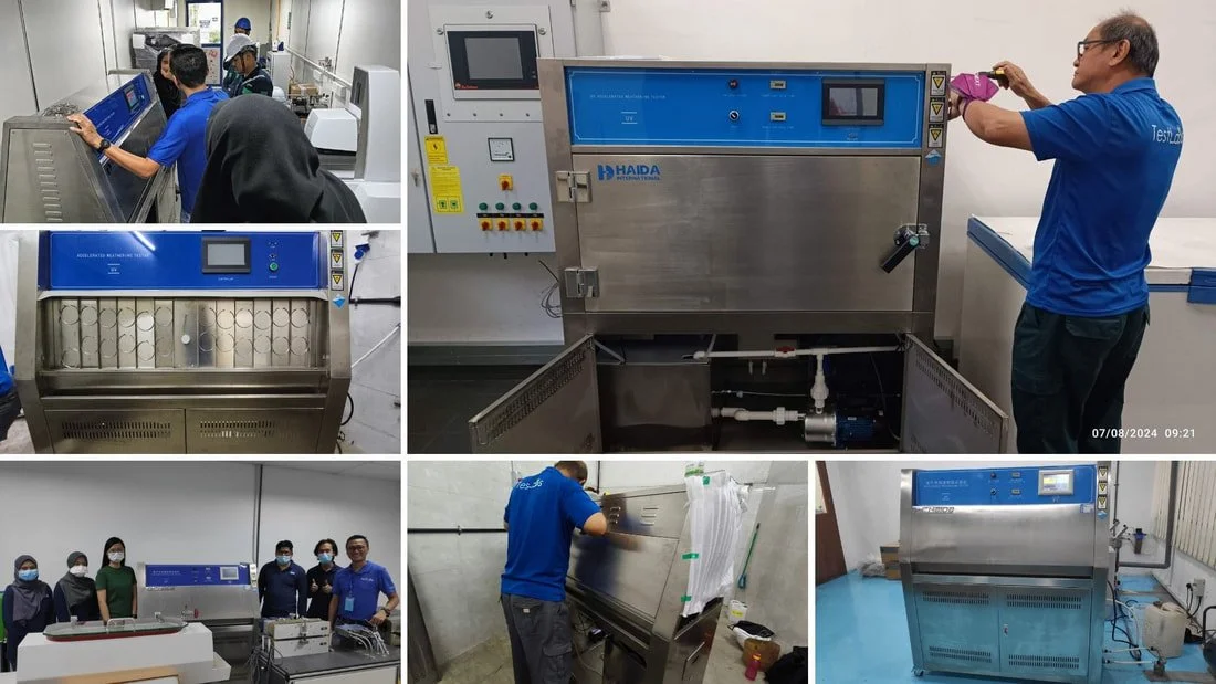 Testlabs technicians working with laboratory equipment, including UV test chamber and other scientific devices in a lab setting.
