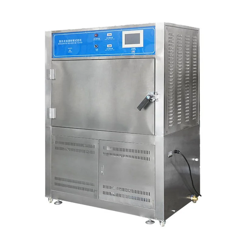 Stainless steel accelerated weathering tester with a digital display and control panel.