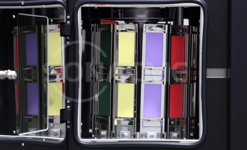Drum-style rotating sample rack inside a xenon arc weathering chamber