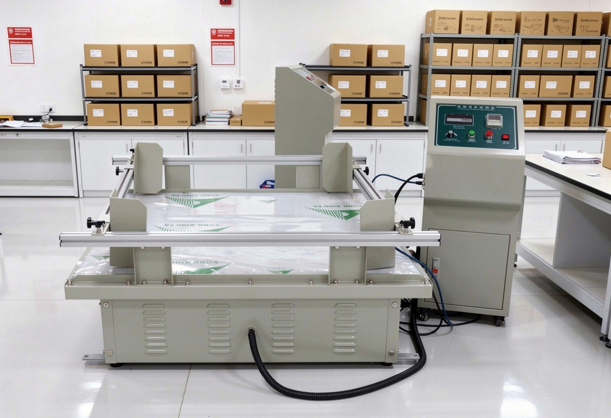 Packaging vibration test machine with open work table and controller