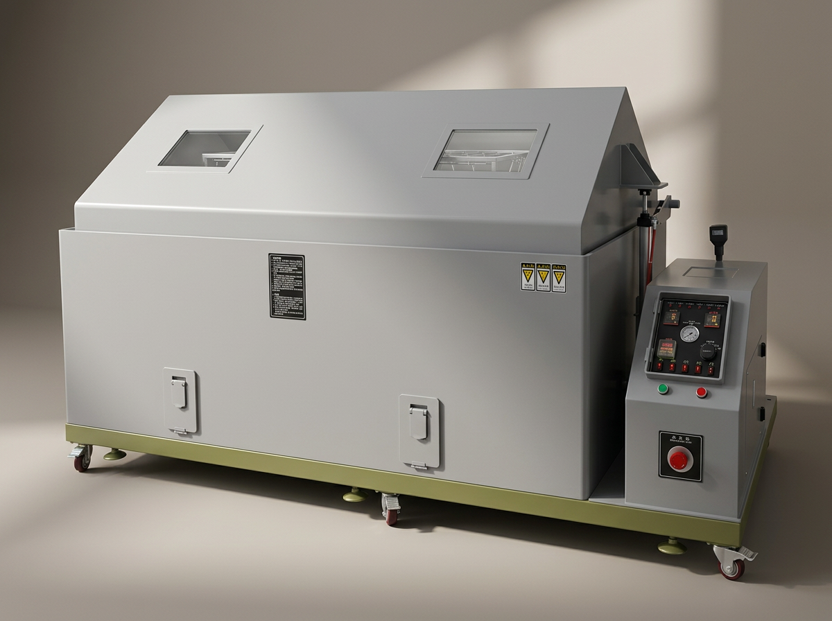 A large scientific salt test chamber with control panel, wheels, and two transparent viewing windows on top.