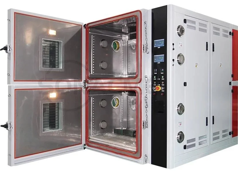 A laboratory or industrial oven with a double door, control panel, and digital screens, used for testing or heating materials.