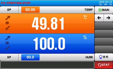 A digital display showing an operation stop warning at the top, with a set point of 60.00. The current temperature reading is 49.81°C, and the humidity is 100%. Additional settings include a set point of 90.0 for humidity, and the date and time displayed are March 24, 2016, at 4:44 PM.