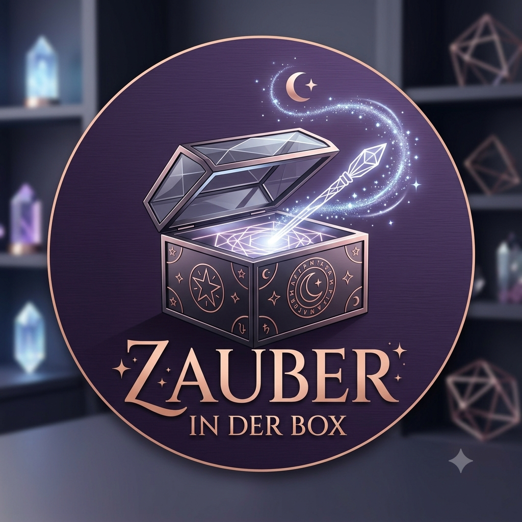 Grafische Darstellung eines Zauberkastens mit einem geöffneten Deckel, aus dem ein magischer Zauberstab und funkelnde Sterne und Monde hervorgehen. Darunter steht der Text 'Zauber in der Box'.
