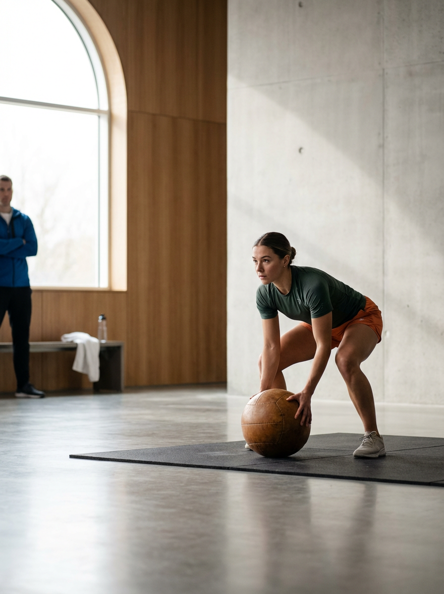 A woman in athletic clothing performing a workout with a medicine ball in a gym.