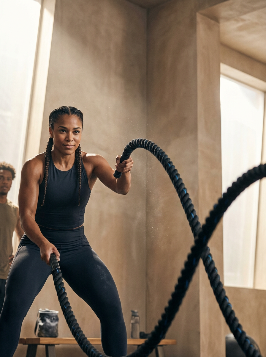 A woman with braided hair in athletic wear practicing battle ropes in a gym, with a man in the background watching.