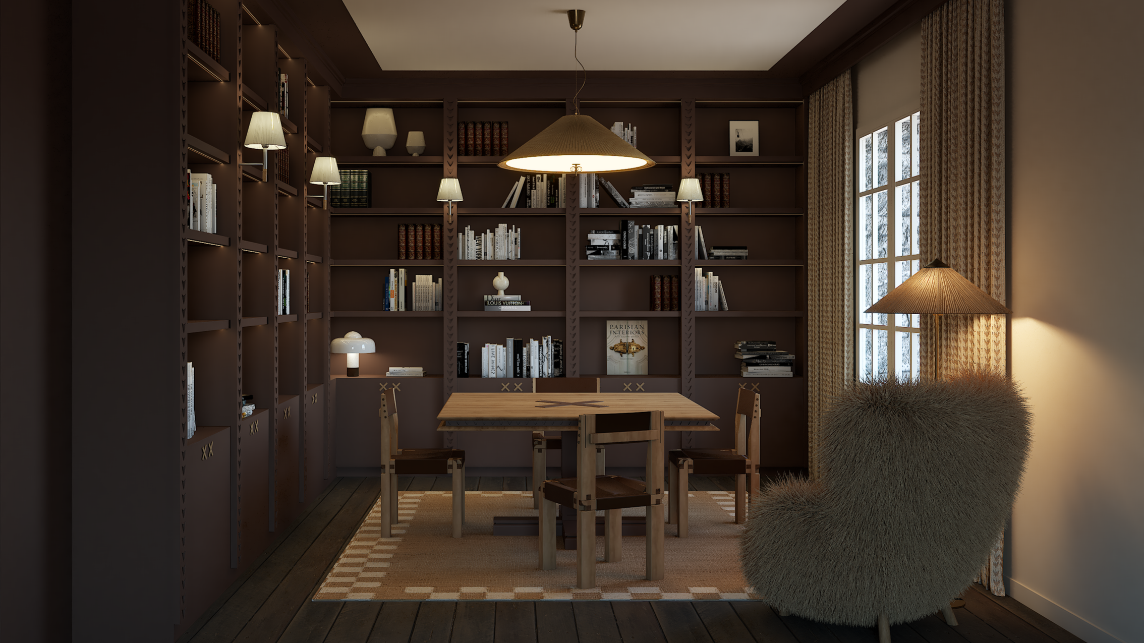 Une bibliothèque élégante avec des étagères en bois remplies de livres, une grande fenêtre avec des rideaux, une lampe de table, une plante verte et un tableau, créant une ambiance chaleureuse et cosy.