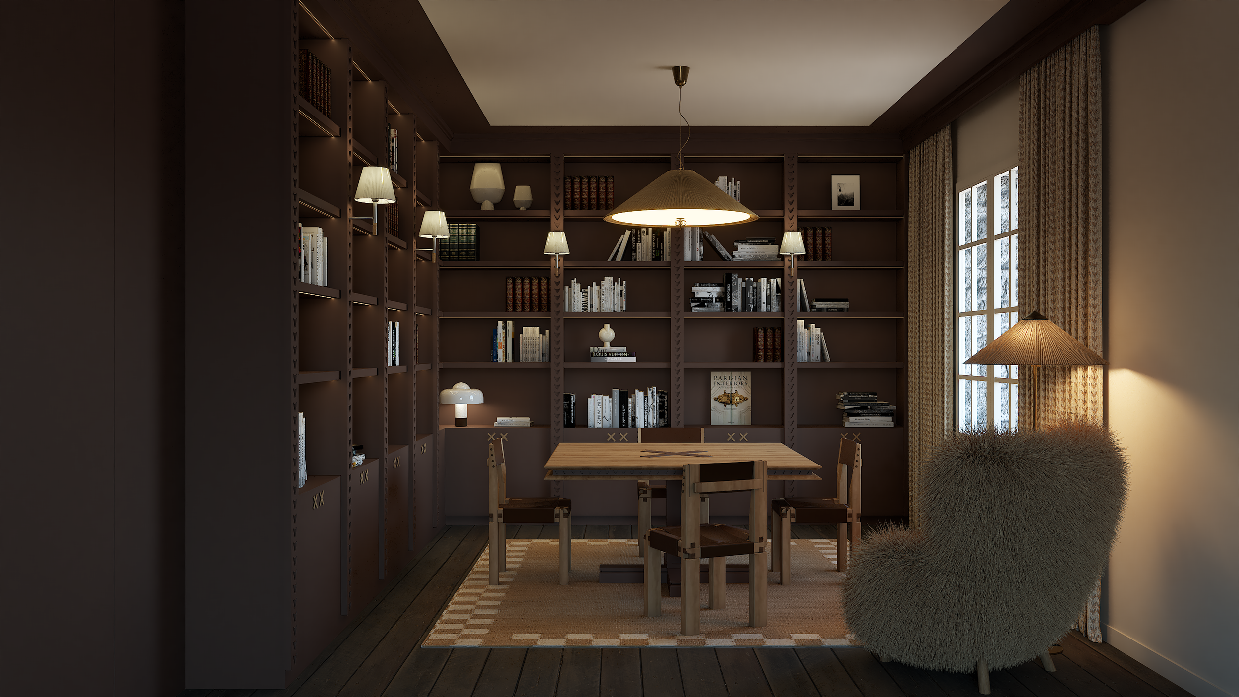 Une bibliothèque chaleureuse avec des étagères remplies de livres, une table en bois avec des chaises, et un éclairage tamisé provenant de lampes et d'une suspension. Il y a aussi un fauteuil en peluche, une grande fenêtre avec des rideaux, et un décor cosy.