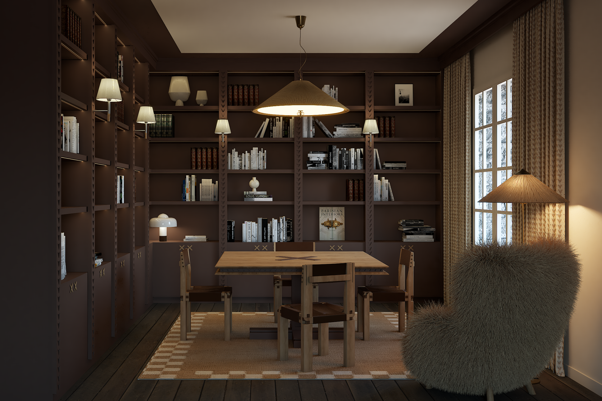 Une salle de bibliothèque chaleureuse avec des étagères en bois remplies de livres, un grand tapis, une table en bois avec quatre chaises, une lampe suspendue, deux lampes sur pied et une fenêtre avec des rideaux laissant entrer la lumière du jour.