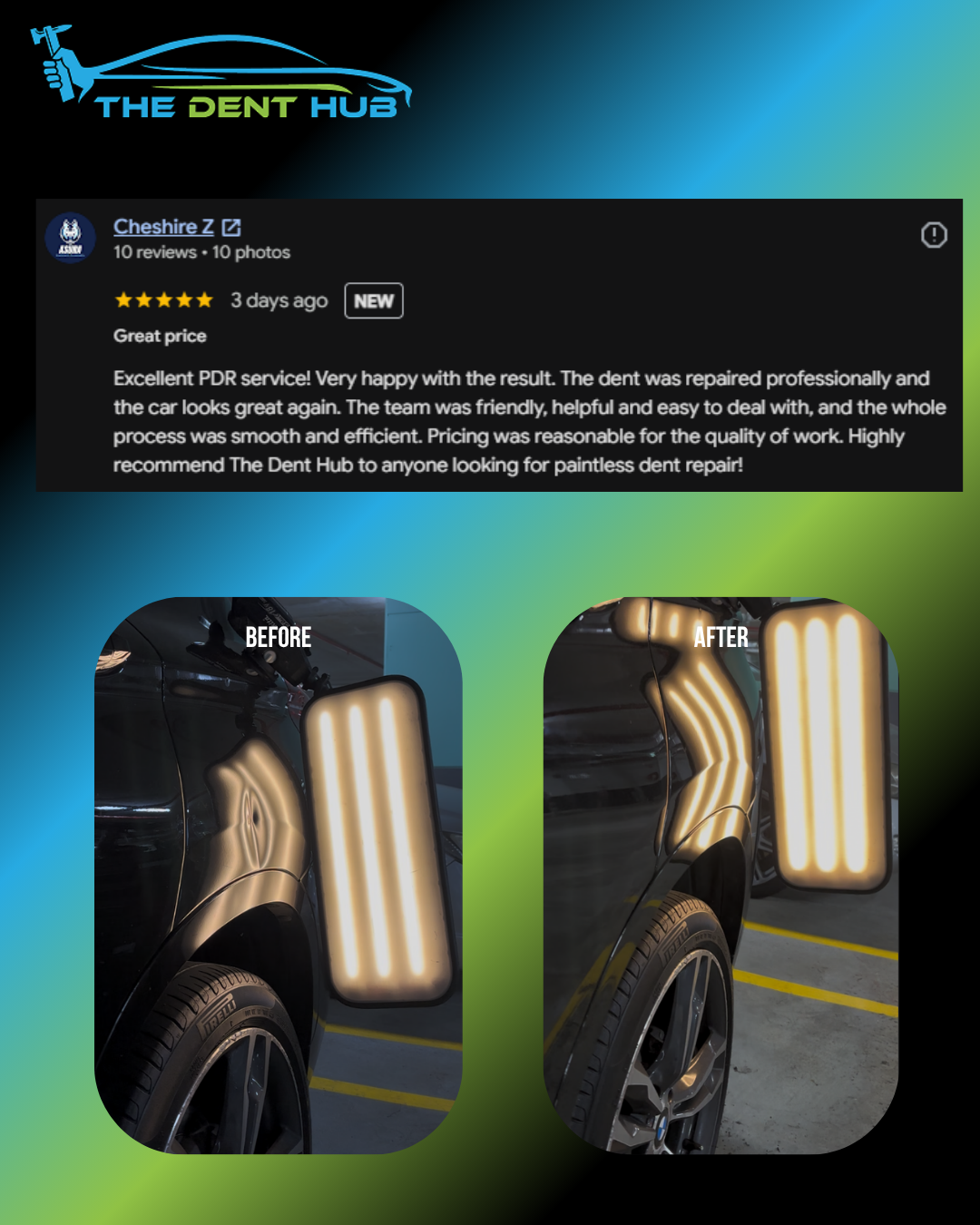 Before and after photos of a black car with a dent on the rear door, showing the damaged area before repair and the same area after the dent has been fixed, using specialist paintless dent repair equipment