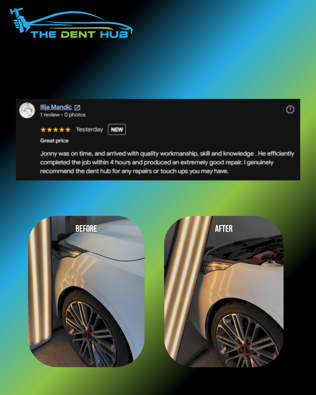 Before and after photos of a perfect repair by Sydney's best paintless dent repair technician