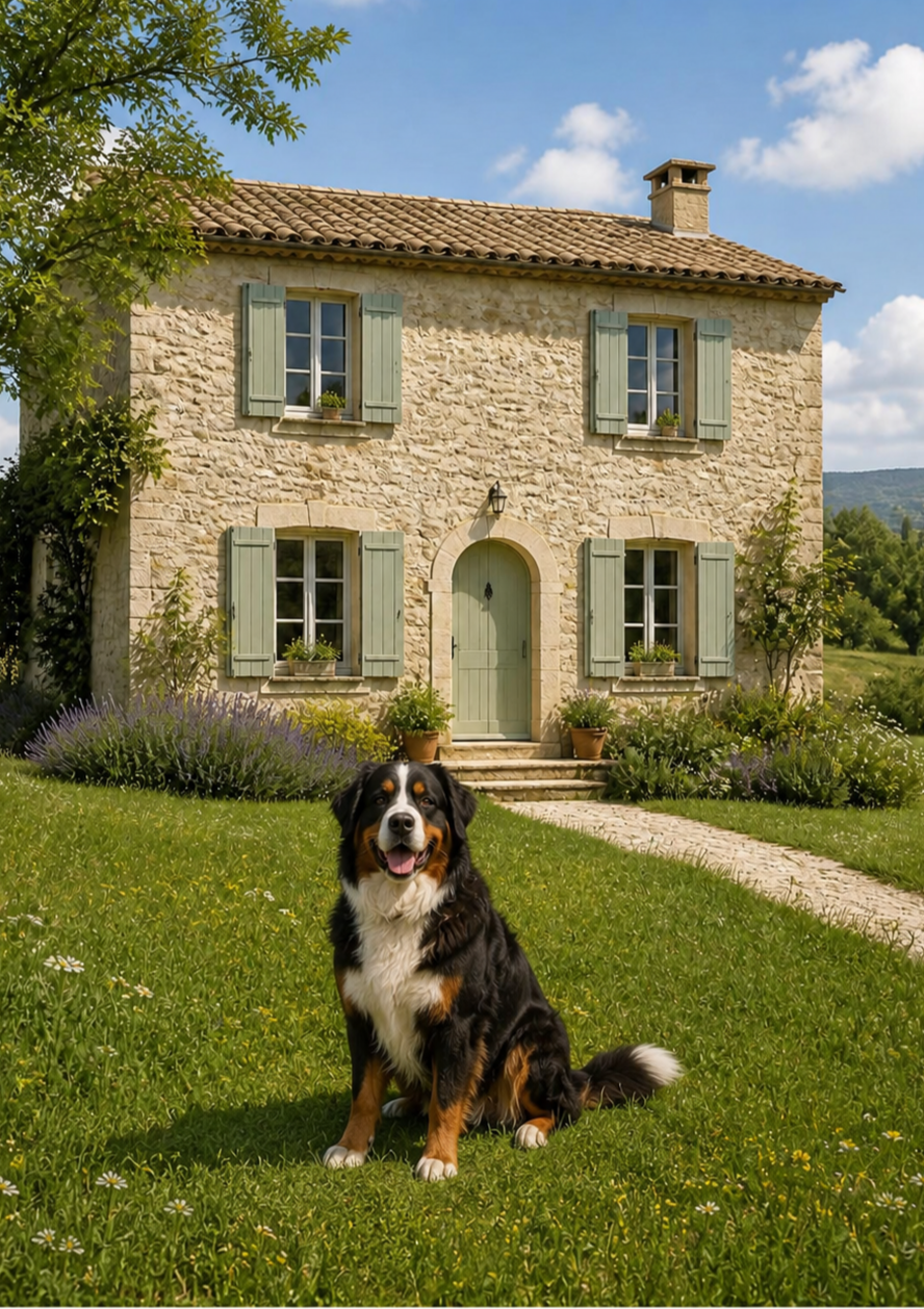 Maison en pierre avec volets bleus et jardin verdoyant, chien de race Bernese Mountain Dog assis sur la pelouse devant la maison.