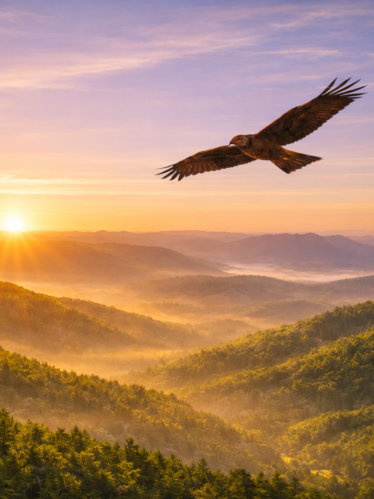 Un aigle volant au-dessus d'une vallée au lever du soleil, avec des montagnes brumeuses en arrière-plan.