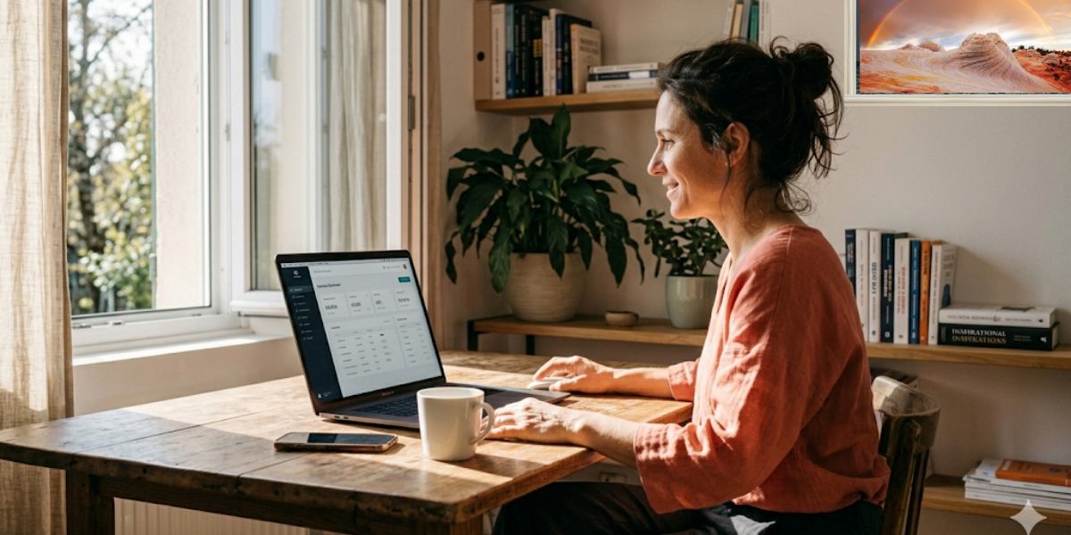 Une femme souriante assise à un bureau en bois, utilisant un ordinateur portable dans une pièce lumineuse. Elle a une tasse à café à côté d'elle, derrière elle des étagères avec des livres, une grande plante verte, et une fenêtre ouverte laissant entrer la lumière du soleil.