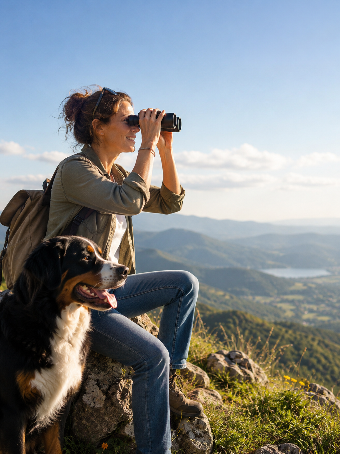 Une femme avec un chien regarde à travers des jumelles lors d'une randonnée en montagne par une journée ensoleillée.