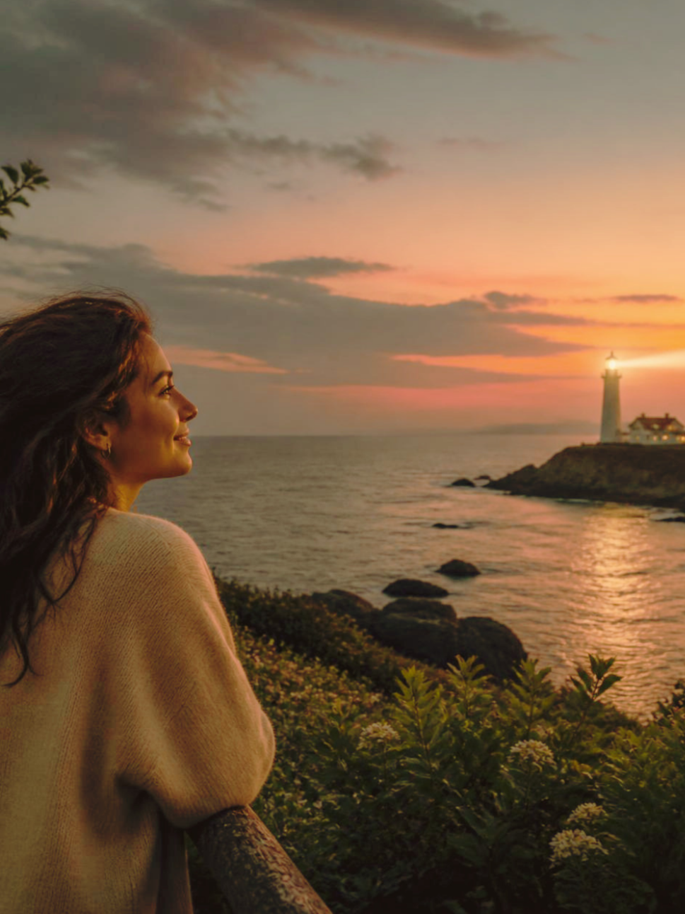 Une femme regarde l'horizon au coucher du soleil près de la mer, avec un phare éclairé et un sky en couleurs chaudes.