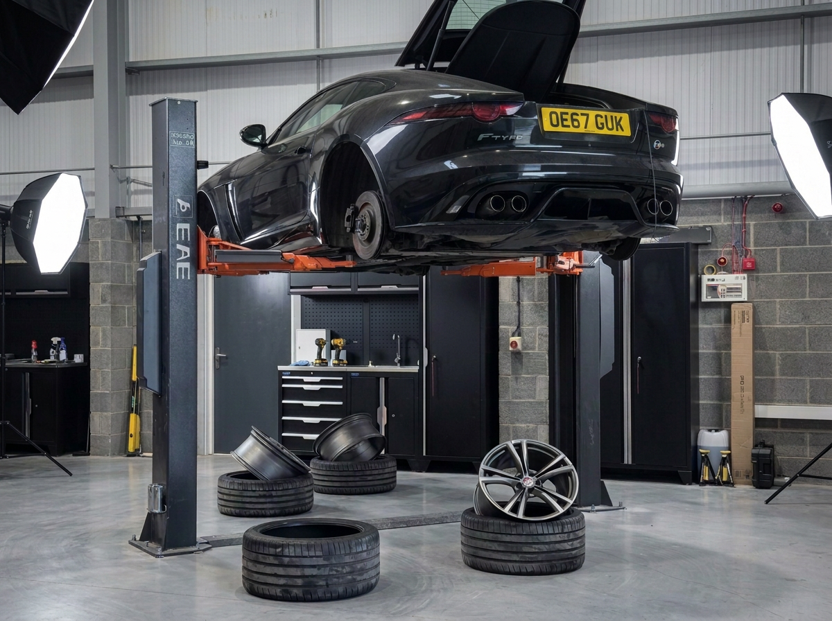 Black Jaguar F-Type with missing wheels on a hydraulic car lift in a garage workshop. Several tires and a wheel rim are stacked on the floor. There are two bright studio lights directed at the car.