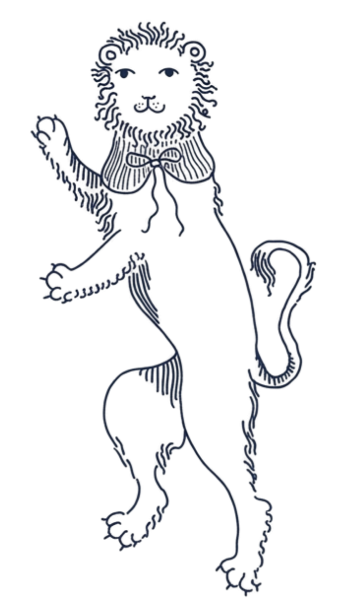 Outline drawing of a standing lion with a detailed mane, one paw raised, and a tail curled, wearing a striped bow tie.