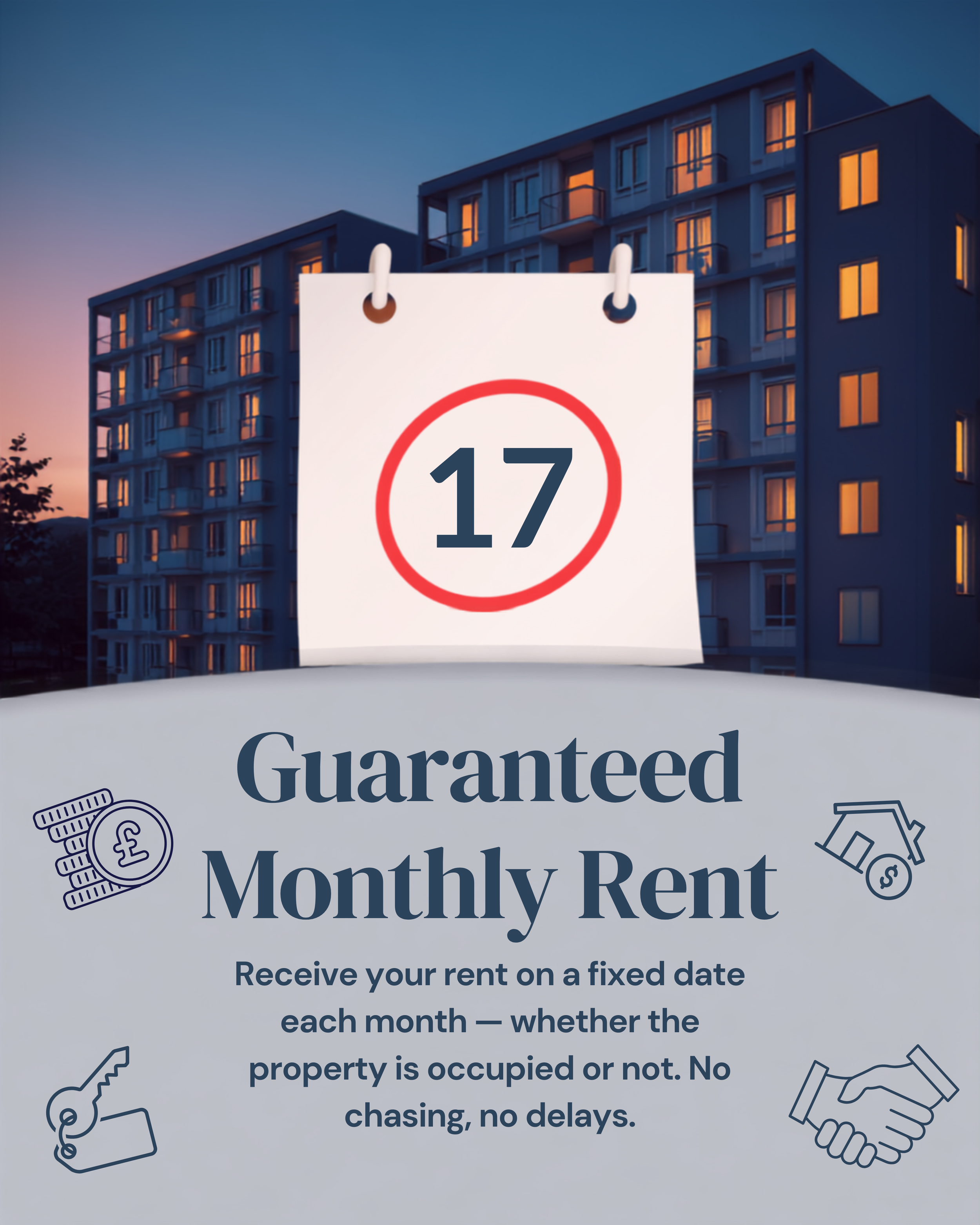 Poster advertising guaranteed monthly rent, with icons of money, keys, house, and handshake, background of modern apartment buildings at dusk.