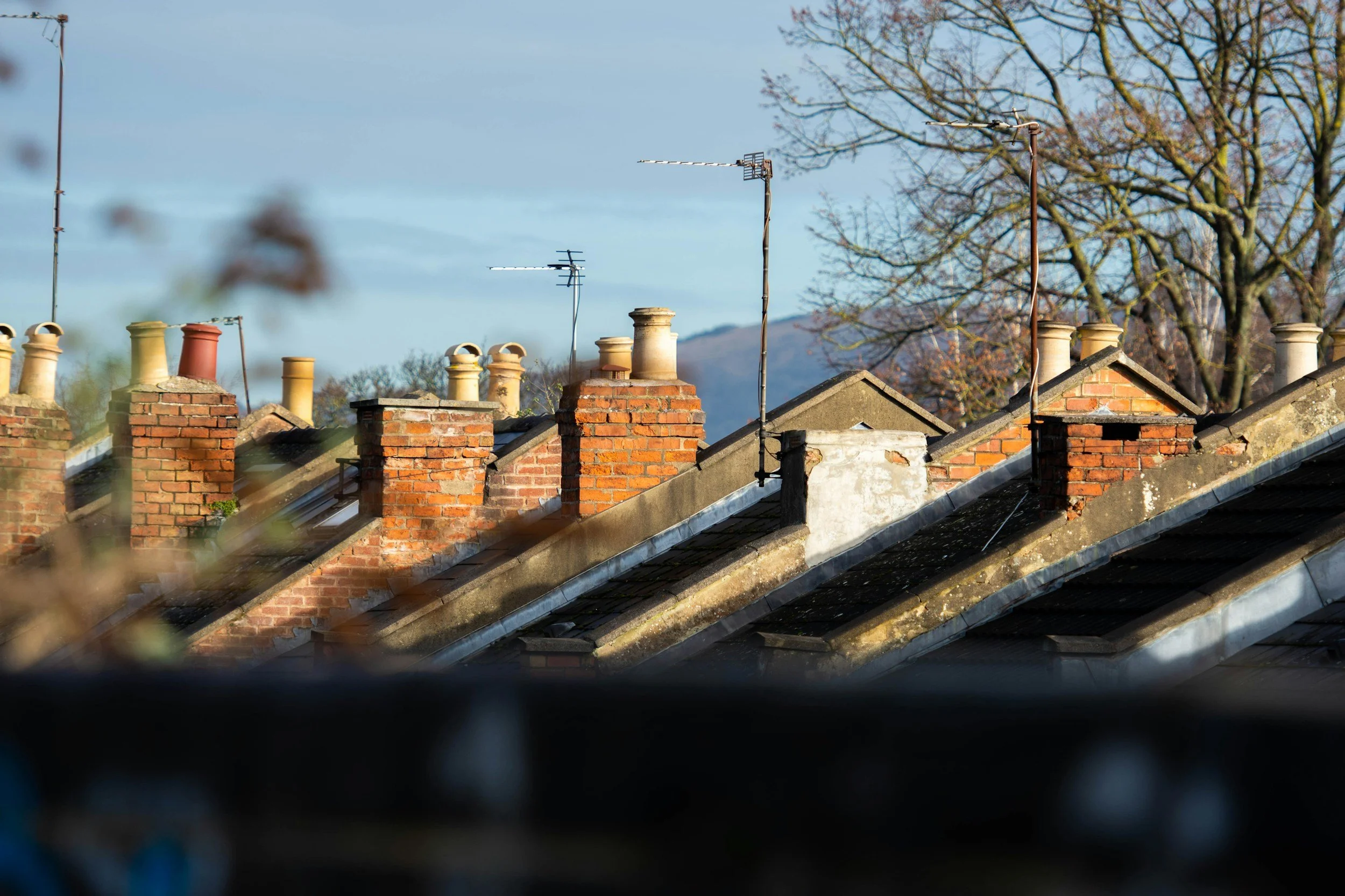 View of rooftops with brick chimneys and TV antennas with leafless trees in the background, under a blue sky.