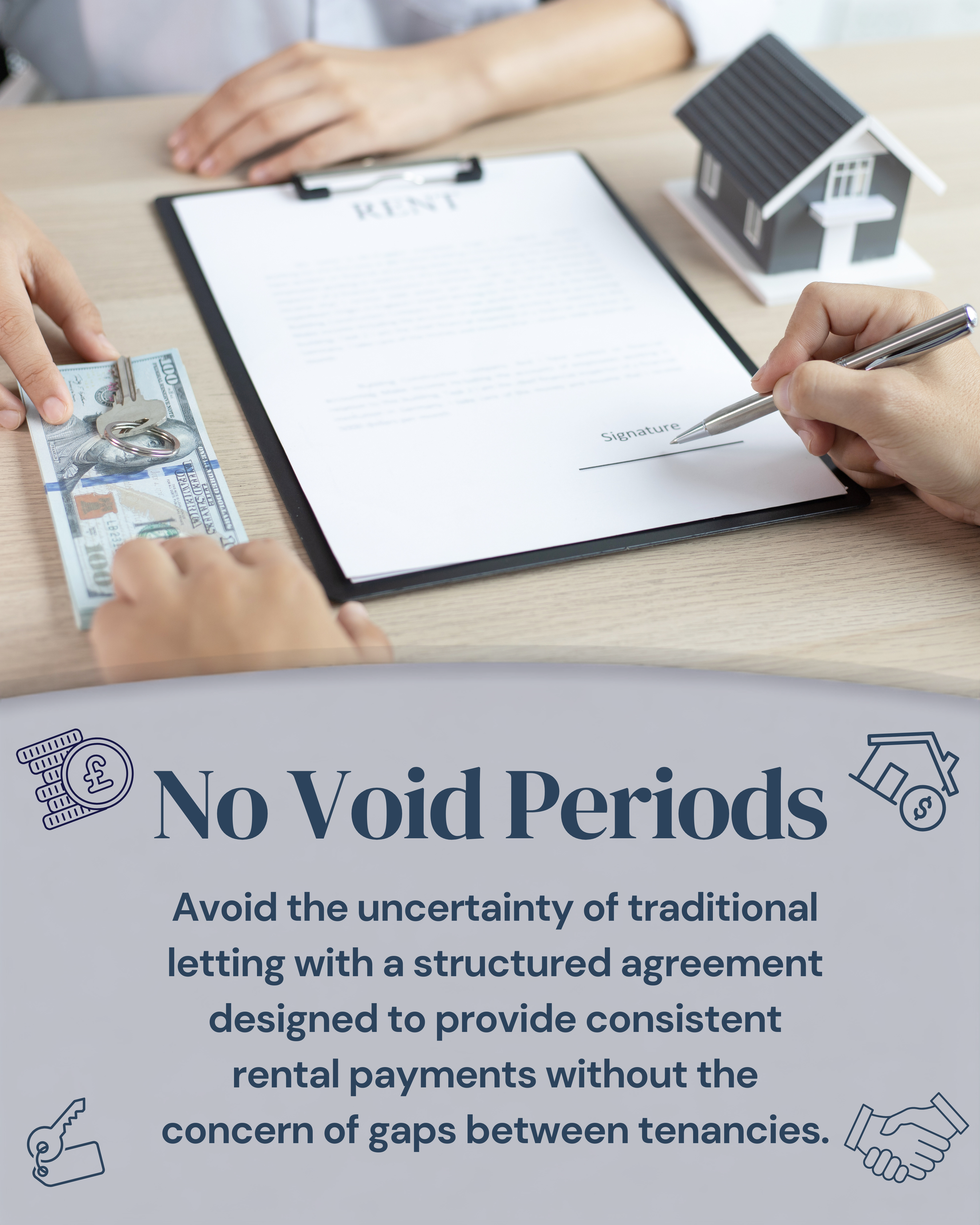 A person signing a lease agreement at a desk. There is a model house and a clipboard with a rent document. A person is holding a $100 bill with a key on top of it.