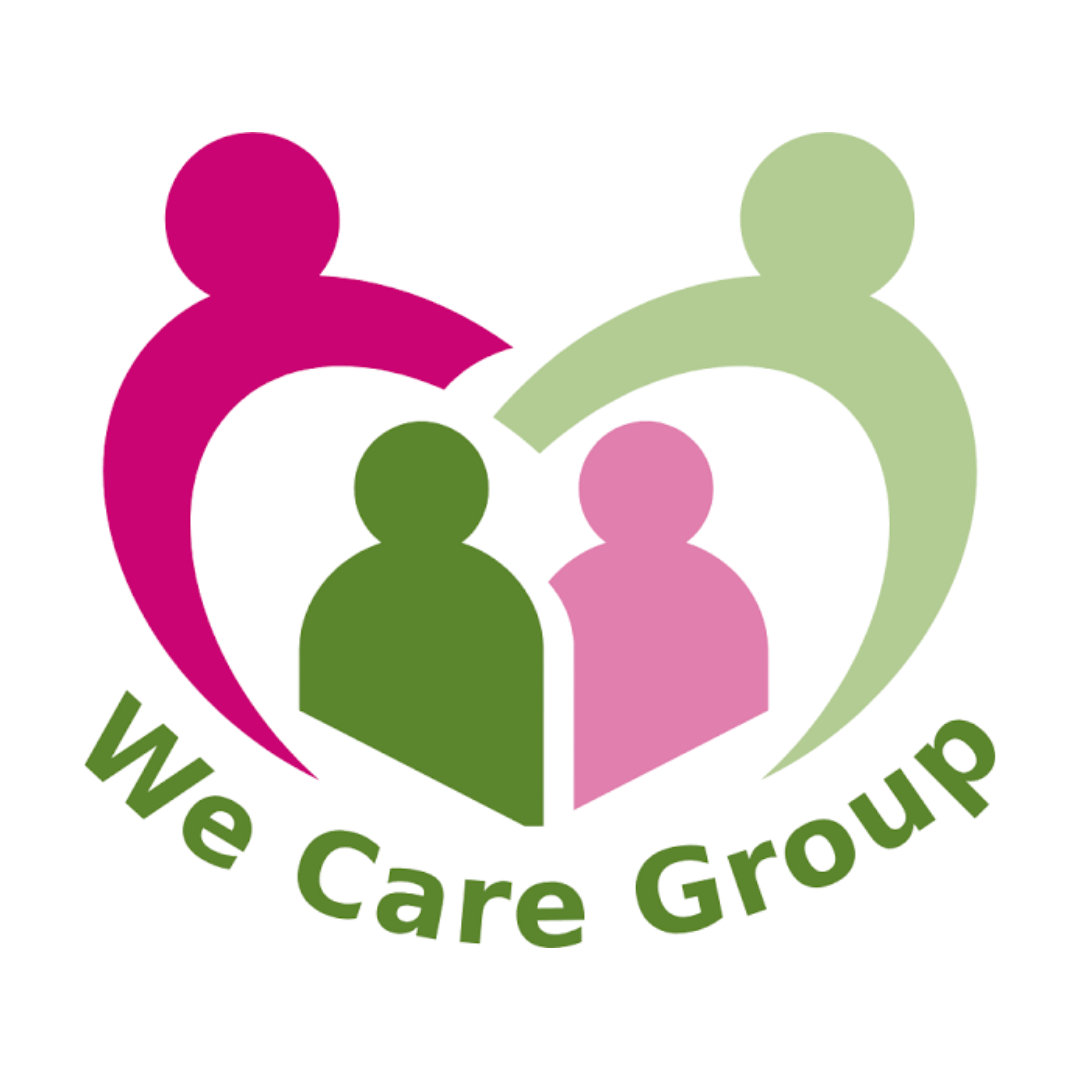 Stylized graphic of four people figures in pink, green, and purple, forming a circle with a heart shape surrounding them, and the text 'We care group' underneath.