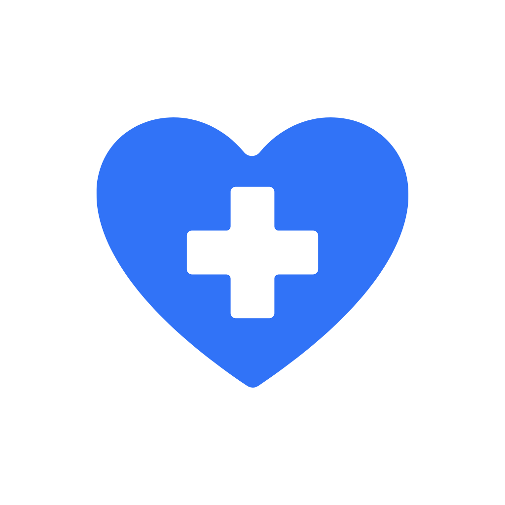 Blue heart with a black medical cross symbol in the center.