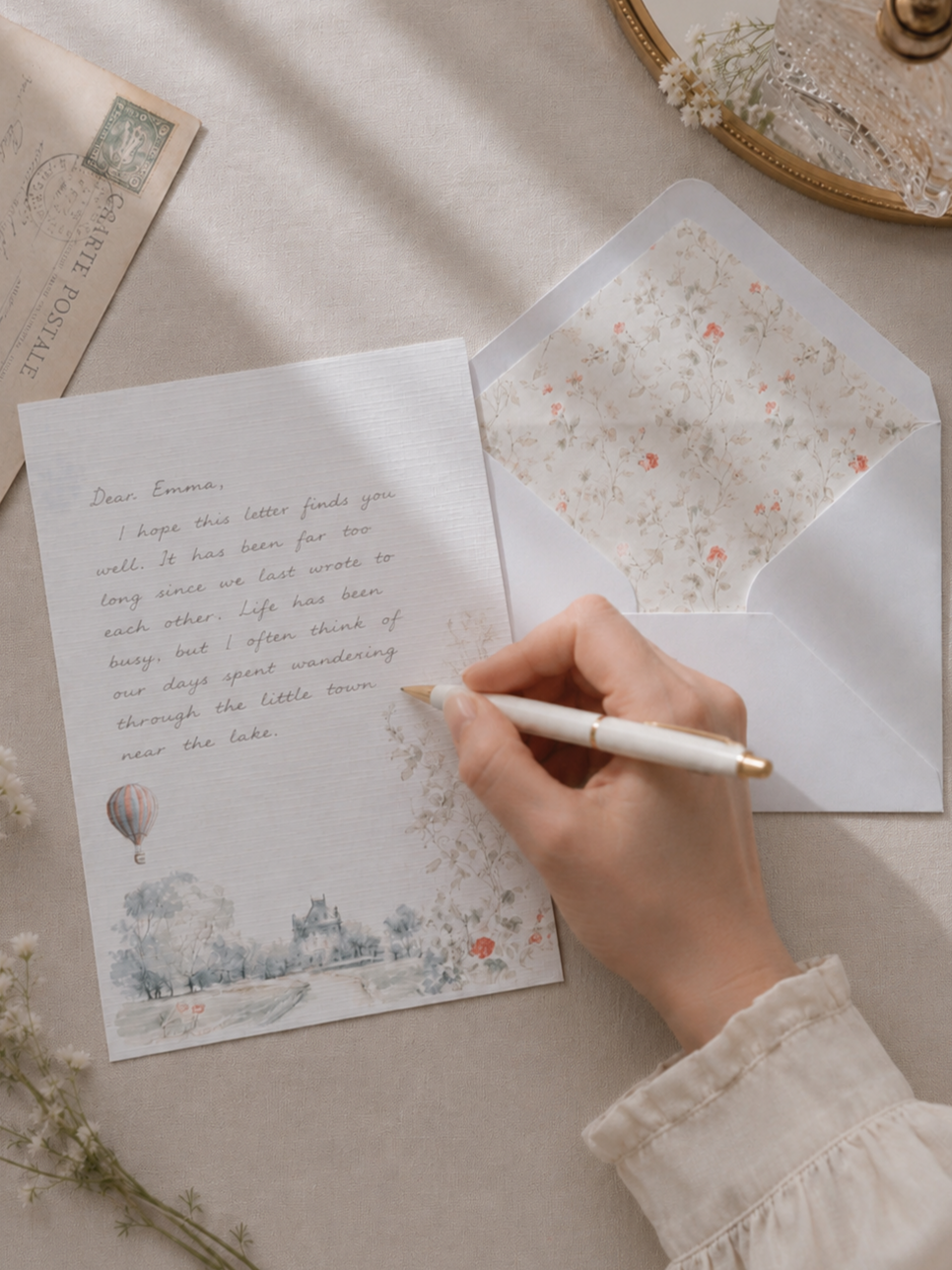 A person writes a letter on floral stationery with a white pen, surrounded by a letter envelope, vintage postcard, a tray with glassware and flowers, and some small flowers on a light fabric surface.