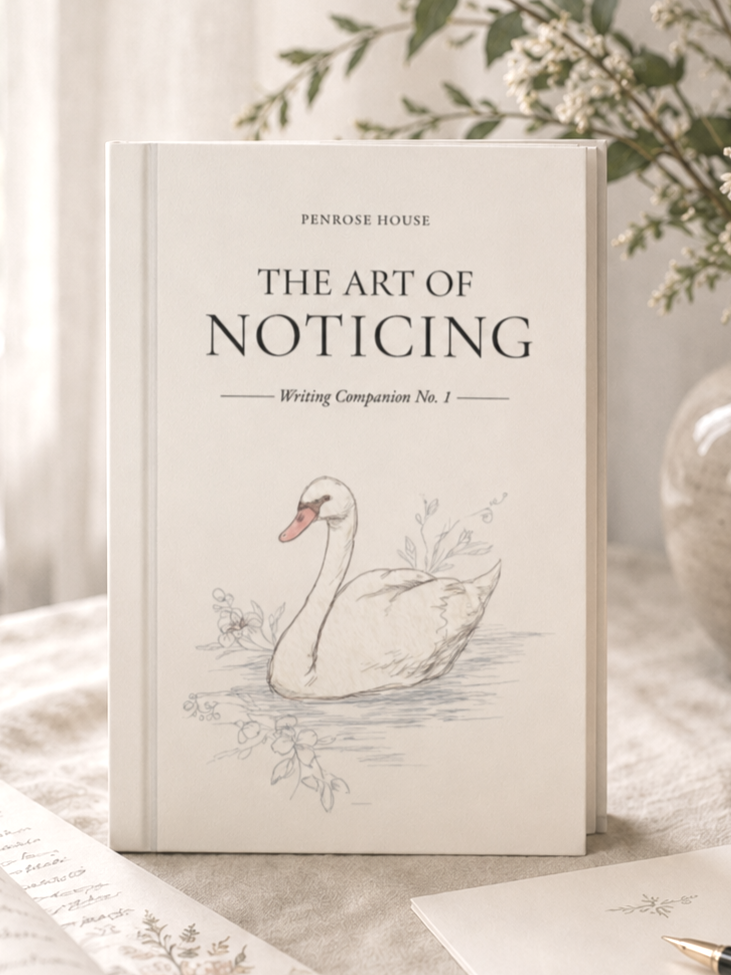 A white book titled "The Art of Noticing" by Penrose House with a sketch of a swan on the cover, placed on a table alongside some papers and a pen, with a vase of flowers in the background.