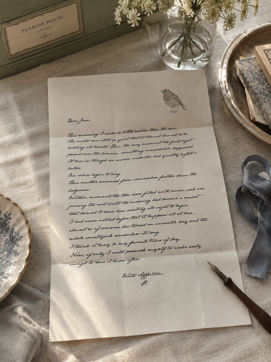 A handwritten letter on cream-colored paper with a small bird sketch at the top right corner. The letter is set on a beige cloth surface with a fountain pen nearby, surrounded by decorative vintage dishes, a glass vase with white flowers, and a wooden box labeled 'Penrose House collection'.