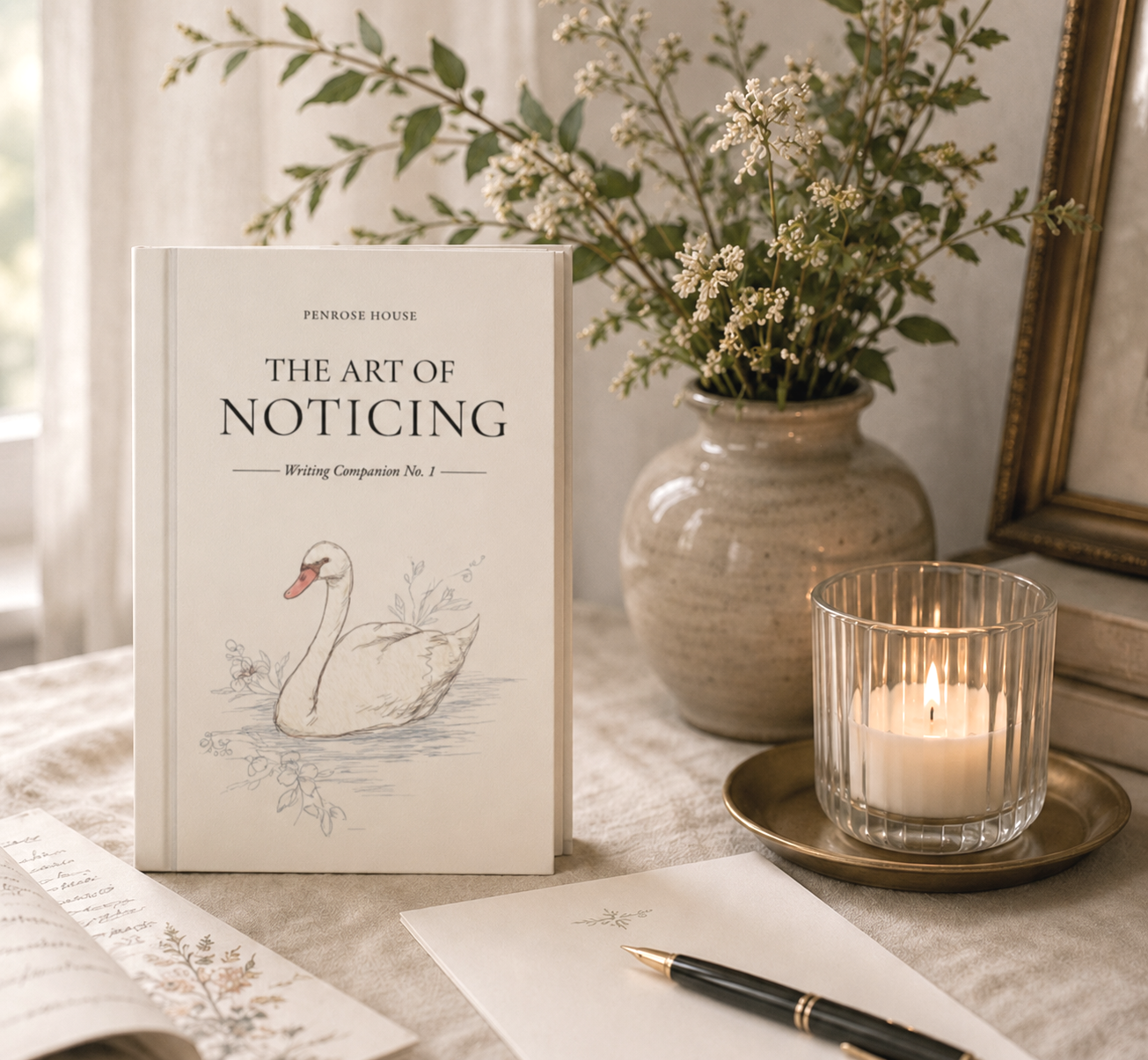 A book titled 'The Art of Noticing' with a swan illustration on the cover, a vase of white flowers, a lit candle in a glass holder on a brass tray, an open journal, and a pen, all arranged on a beige tablecloth.