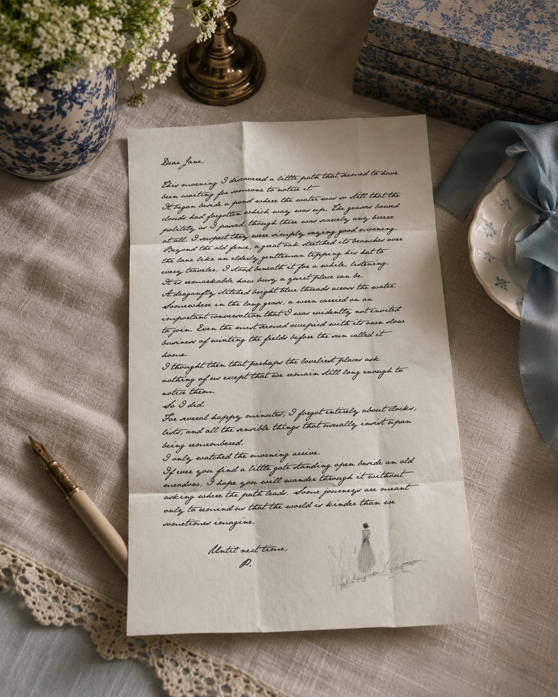 A handwritten letter on a table with a pen, a vase of white flowers, a vintage lamp, and decorative boxes, with a blue ribbon on a white plate nearby.