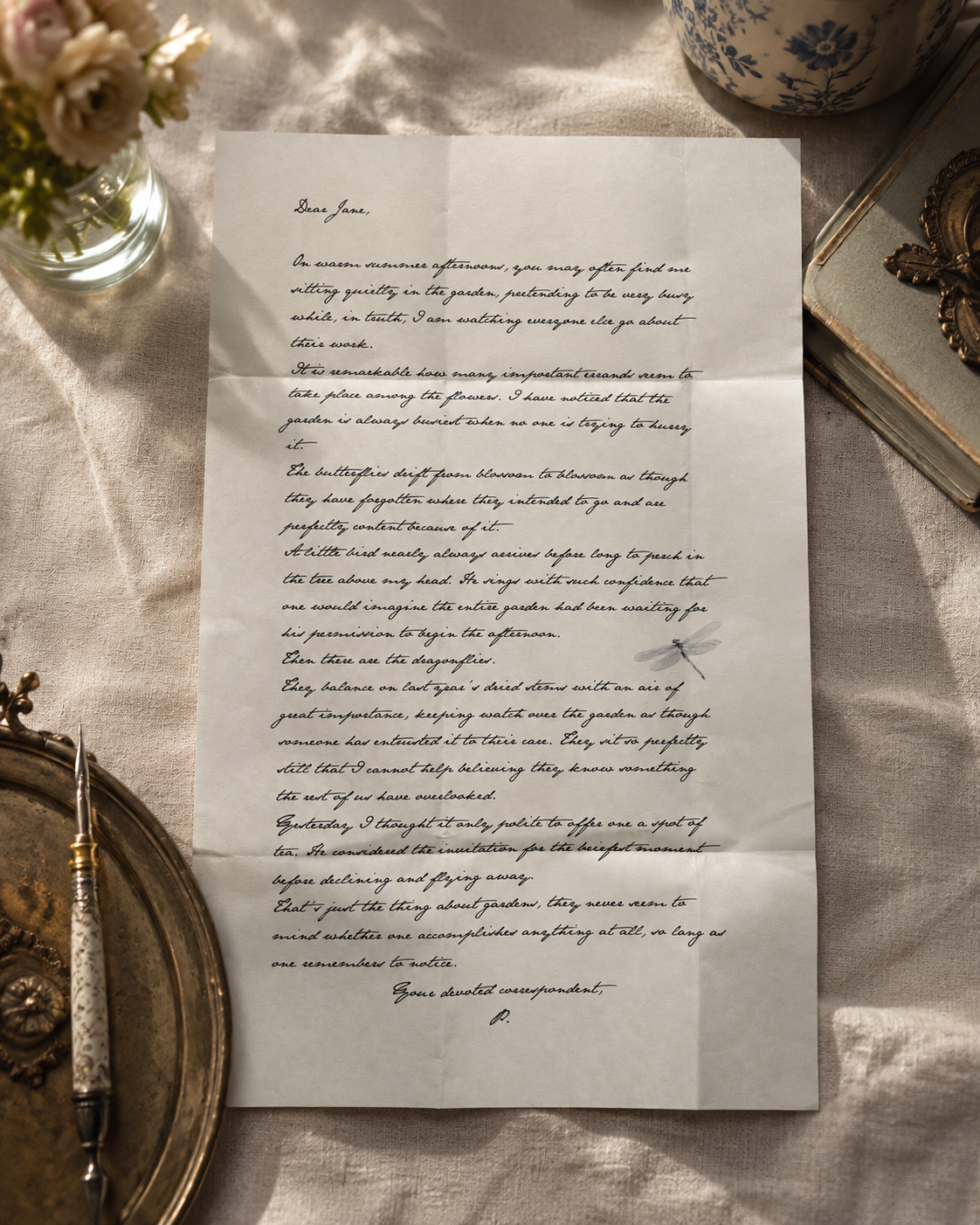 A handwritten letter on a white sheet of paper, accompanied by a pen and a dragonfly illustration, surrounded by a flower vase, an ornate cloth, and a decorative box on a beige tablecloth.