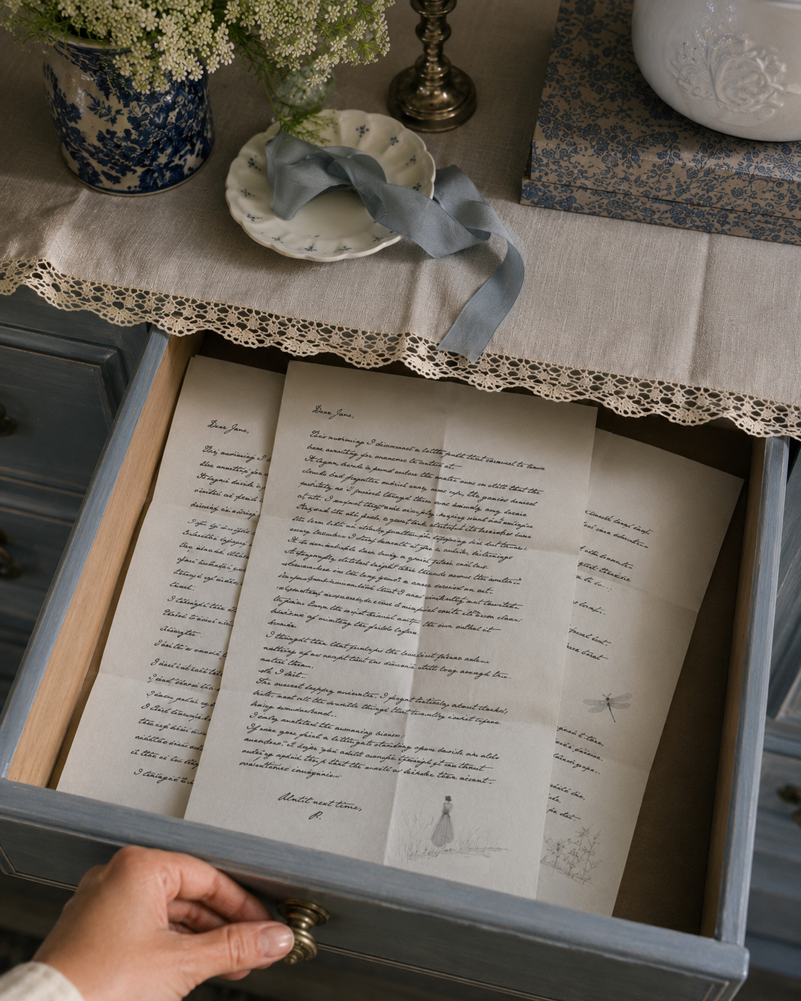 An open drawer with handwritten letters, a lace tablecloth, a blue and white porcelain vase with white flowers, a small dish with a gray ribbon, and decorative boxes and a candlestick on a table.