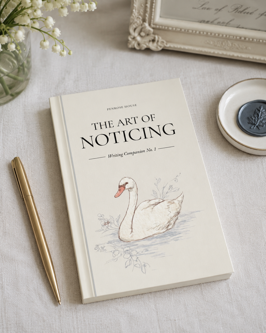 A book titled "The Art of Noticing" by Penrose House on a beige tablecloth, with a gold pen to the left, a small decorative dish with a black seal to the right, a framed handwritten note or poem in the background, and a vase of white lily of the valley flowers in the top left corner.