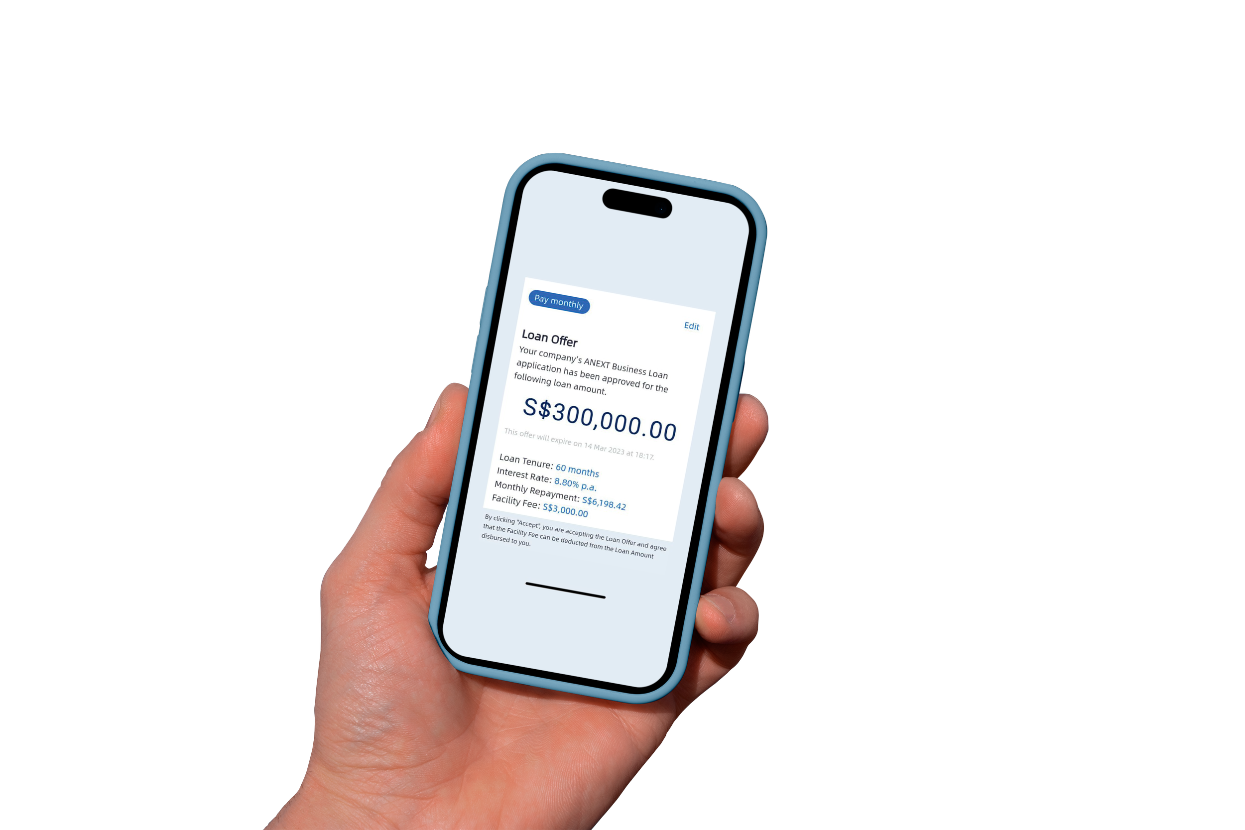 A hand holding a smartphone displaying a loan offer notification from ANEXT Business Loan with a loan amount of S$300,000.00.