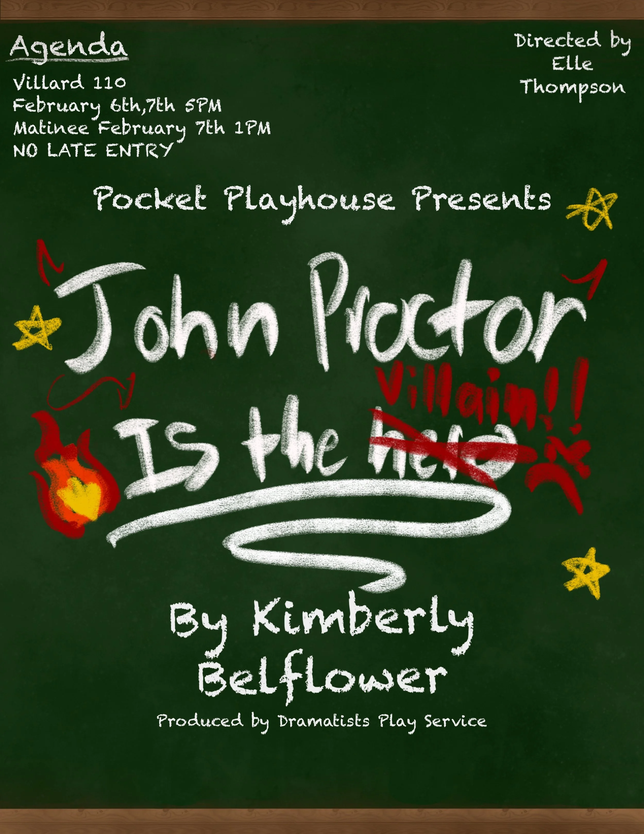 Poster design for  Pocket Playhouse production of John Proctor is the Villain show before it was replaced by Lost Girl 2026