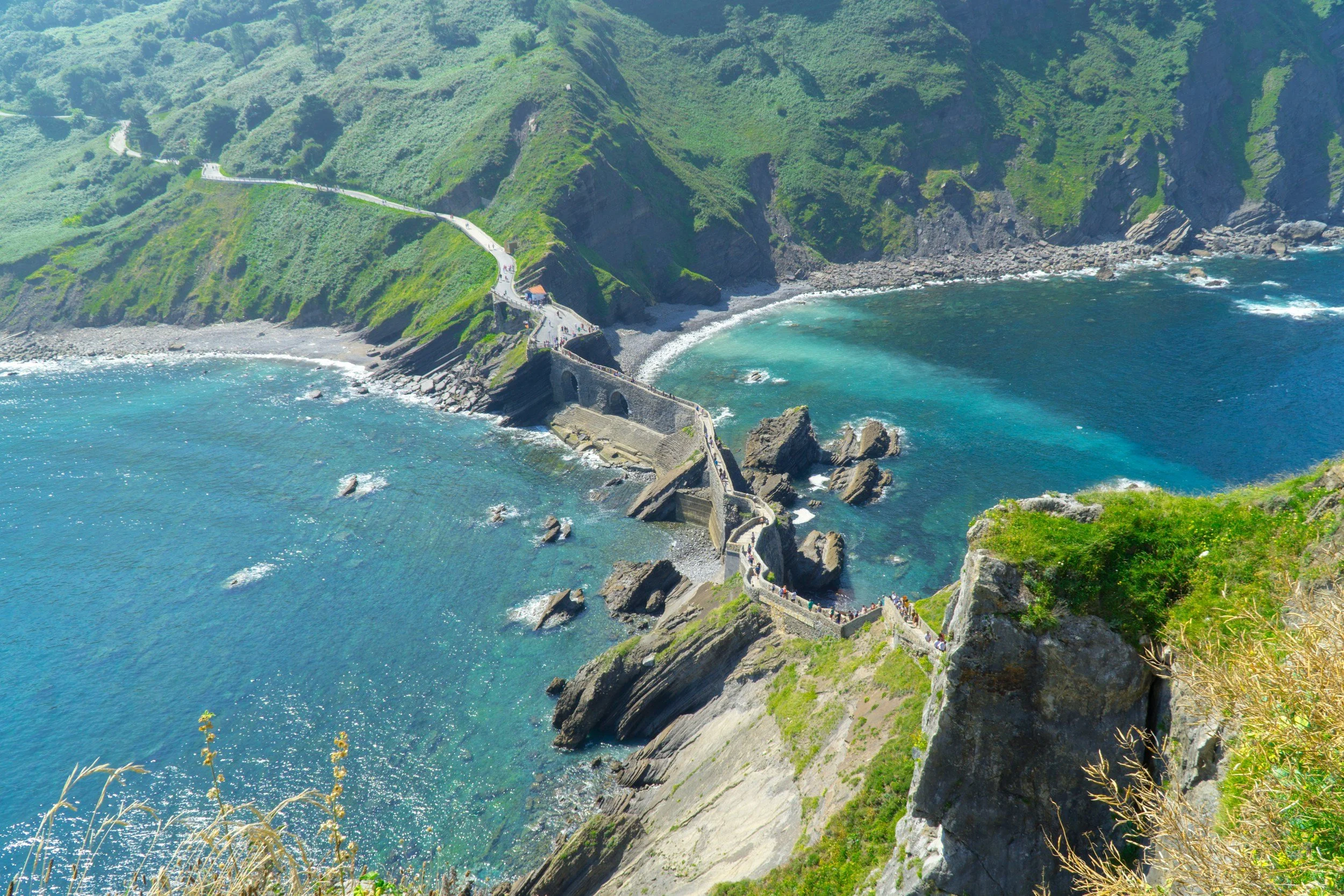 San Juan de Gaztelugatxe on the Basque coast of Spain, with a winding stone staircase leading to the sea