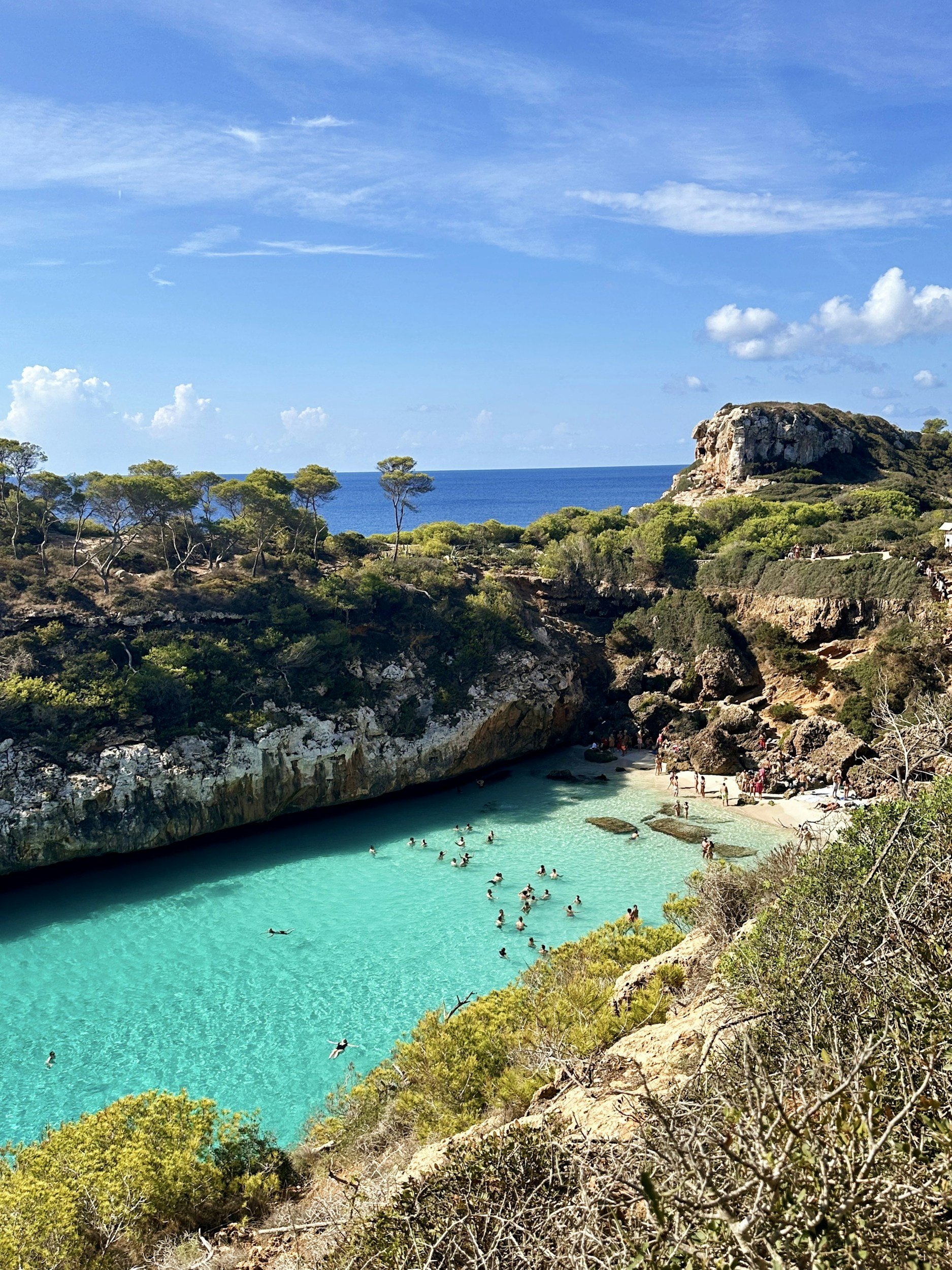 Caló des Moro in Mallorca, Spain, with turquoise waters surrounded by rocky cliffs and pine trees