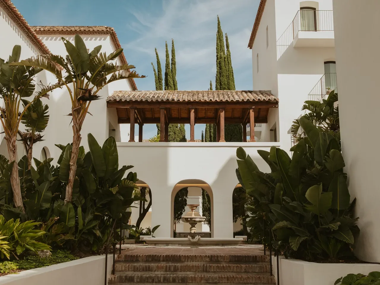 Andalusian-style courtyard at La Zambra Resort in Mijas, Costa del Sol, Spain.