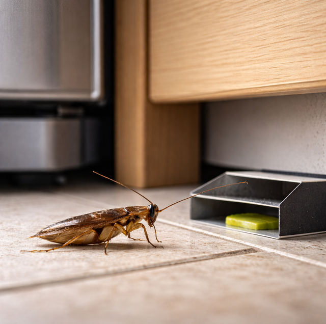 clean white kitchen counter with cockroach crawling near sink edge