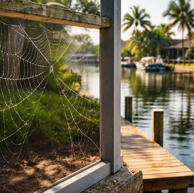 Canal home seawall with spider webs at dusk