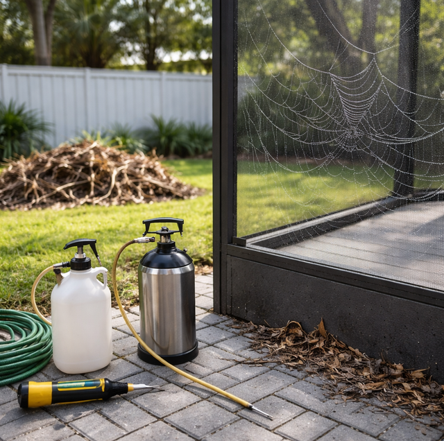 Pest control technician spraying spider webs under home eaves