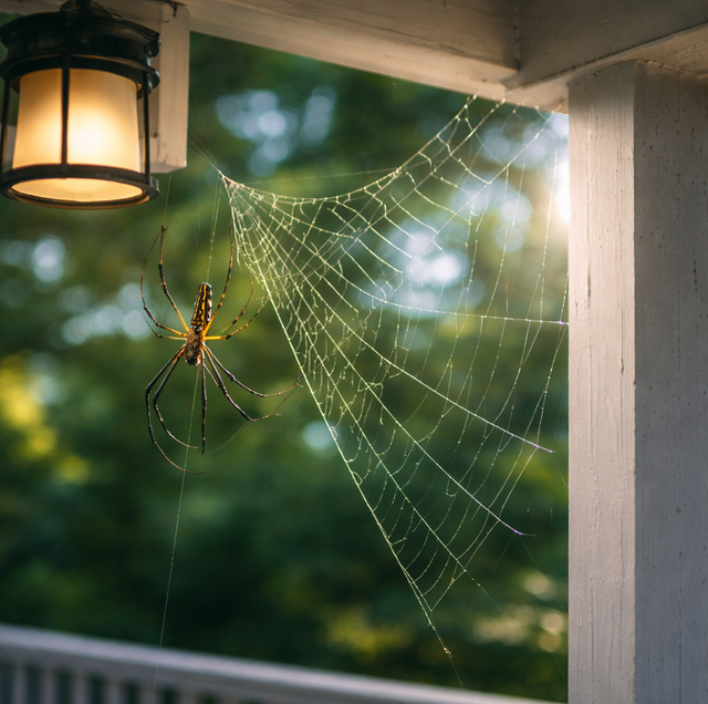 spider web strands on porch corner near front light