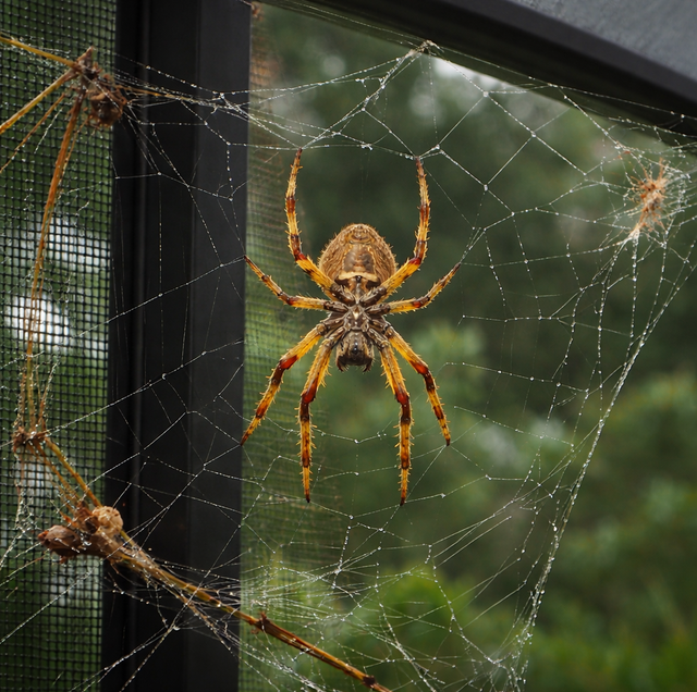 storm-torn spiderweb strands dangling from lanai screen corner