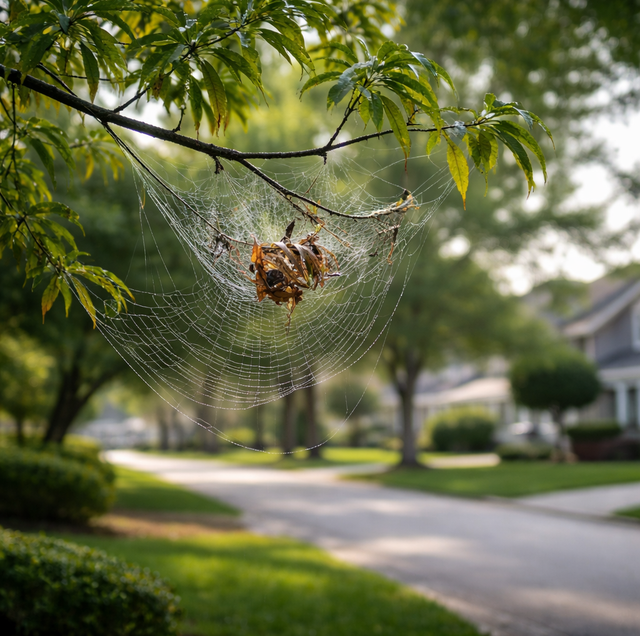 Overhanging oak tree canopy with spiderwebs under eaves